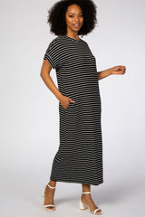 Black Striped Rib Mock Neck Midi Dress