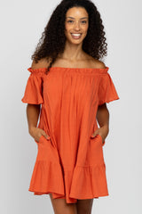 Coral Ruffle Off Shoulder Short Sleeve Dress