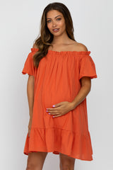 Coral Ruffle Off Shoulder Short Sleeve Maternity Dress