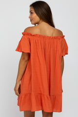 Coral Ruffle Off Shoulder Short Sleeve Maternity Dress