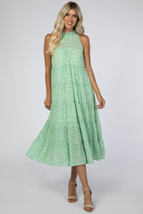 Green Floral Chiffon Tiered Midi Dress