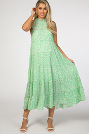 Green Floral Chiffon Tiered Maternity Midi Dress