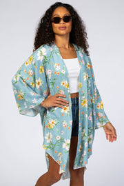 Light Blue Floral Rounded Hi-Low Hem Cover Up