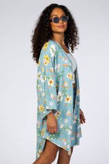 Light Blue Floral Rounded Hi-Low Hem Cover Up