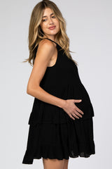 Black Halter Neck Tie Tiered Maternity Dress