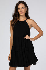 Black Halter Neck Tie Tiered Dress