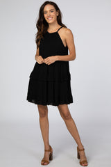 Black Halter Neck Tie Tiered Maternity Dress