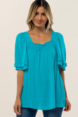 Turquoise Square Smocked Neck Ruffle Sleeve Top