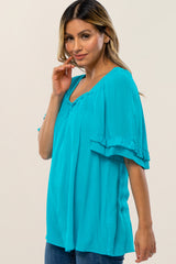 Turquoise Square Smocked Neck Ruffle Sleeve Top