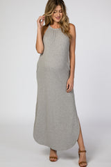 Grey Ribbed Halter Neck Curved Hem Maternity Maxi Dress