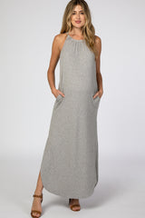 Grey Ribbed Halter Neck Curved Hem Maternity Maxi Dress