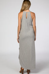 Grey Ribbed Halter Neck Curved Hem Maternity Maxi Dress