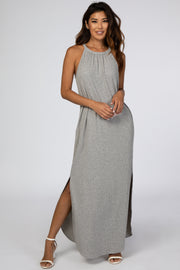 Grey Ribbed Halter Neck Curved Hem Maxi Dress