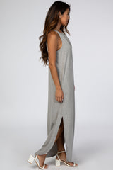 Grey Ribbed Halter Neck Curved Hem Maxi Dress