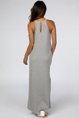 Grey Ribbed Halter Neck Curved Hem Maxi Dress