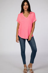 Neon Pink Knit V-Neck Top