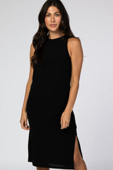 Black Sleeveless Side Slit Midi Dress