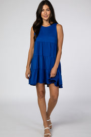 Royal Blue Soft Knit Pleated Tiered Sleeveless Dress