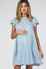 Blue Floral Tiered Ruffle Accent Maternity Dress