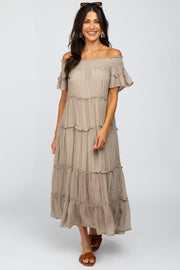 Taupe Off Shoulder Tiered Maxi Dress