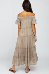 Taupe Off Shoulder Tiered Maxi Dress