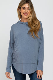 Blue Front Pocket Maternity Hooded Long Sleeve Top