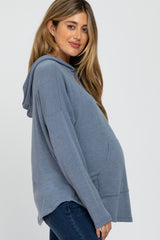 Blue Front Pocket Maternity Hooded Long Sleeve Top