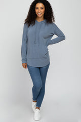 Blue Front Pocket Hooded Long Sleeve Top