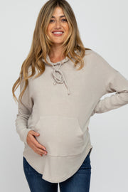 Beige Front Pocket Maternity Hooded Long Sleeve Top