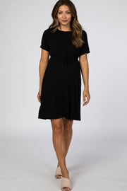 Black Short Sleeve Waist Tie Maternity Dress