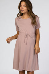 Mauve Short Sleeve Waist Tie Maternity Dress