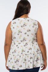 White Floral Print Tiered Plus Tank Top