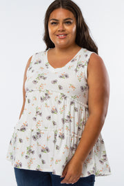 White Floral Print Tiered Plus Tank Top