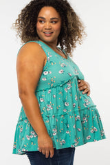 Mint Green Floral Print Tiered Maternity Plus Tank Top