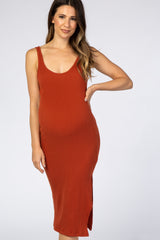 Rust Ribbed Knit Side Slit Maternity Midi Dress