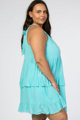 Aqua Halter Neck Tie Tiered Plus Dress