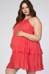 Coral Halter Neck Tie Tiered Maternity Plus Dress