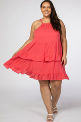 Coral Halter Neck Tie Tiered Plus Dress