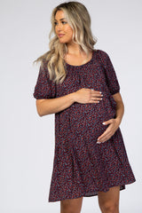 Navy Blue Floral Square Neck Tiered Maternity Dress