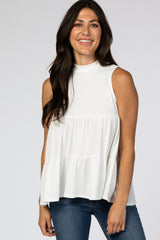 Ivory Ribbed Mock Neck Tiered Top