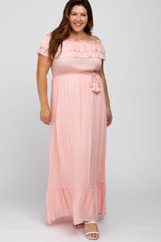 Pink Off Shoulder Tassel Tie Plus Maxi Dress