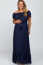 Navy Off Shoulder Tassel Tie Maternity Plus Maxi Dress