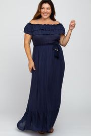 Navy Off Shoulder Tassel Tie Plus Maxi Dress