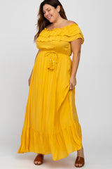 Yellow Off Shoulder Tassel Tie Plus Maxi Dress