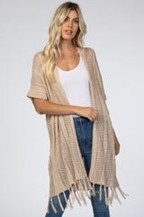 Taupe Open Crochet Knit Tassel Maternity Cardigan