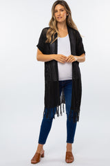 Black Open Crochet Knit Tassel Maternity Cardigan