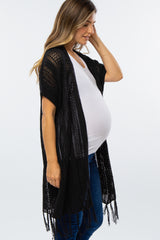 Black Open Crochet Knit Tassel Maternity Cardigan