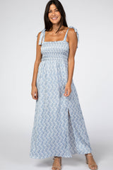 Blue Leaf Print Shoulder Tie Maxi Dress