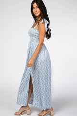 Blue Leaf Print Shoulder Tie Maxi Dress