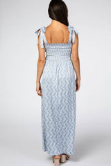 Blue Leaf Print Shoulder Tie Maxi Dress